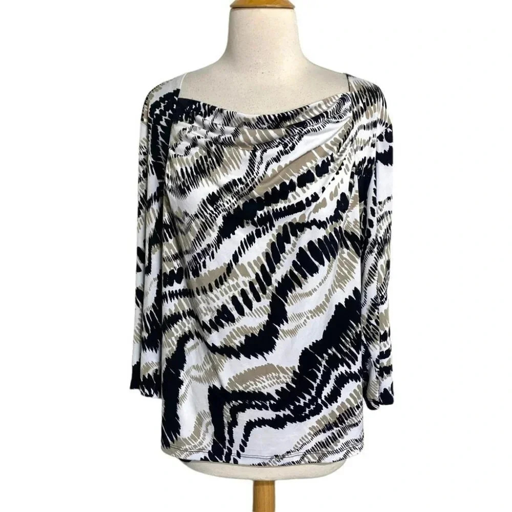 Easywear by Chico's Cowl Neck Top 3 Black White Tan Abstract 3/4 Sleeve Blouse